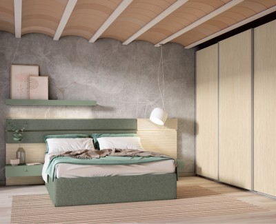 Habitación con cama canapé doble, cabecero tapizado, mesitas de noche, armario y cómoda
