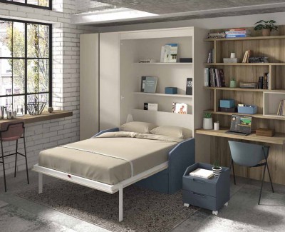 Habitación con cama abatible con sofá, escritorio y armario