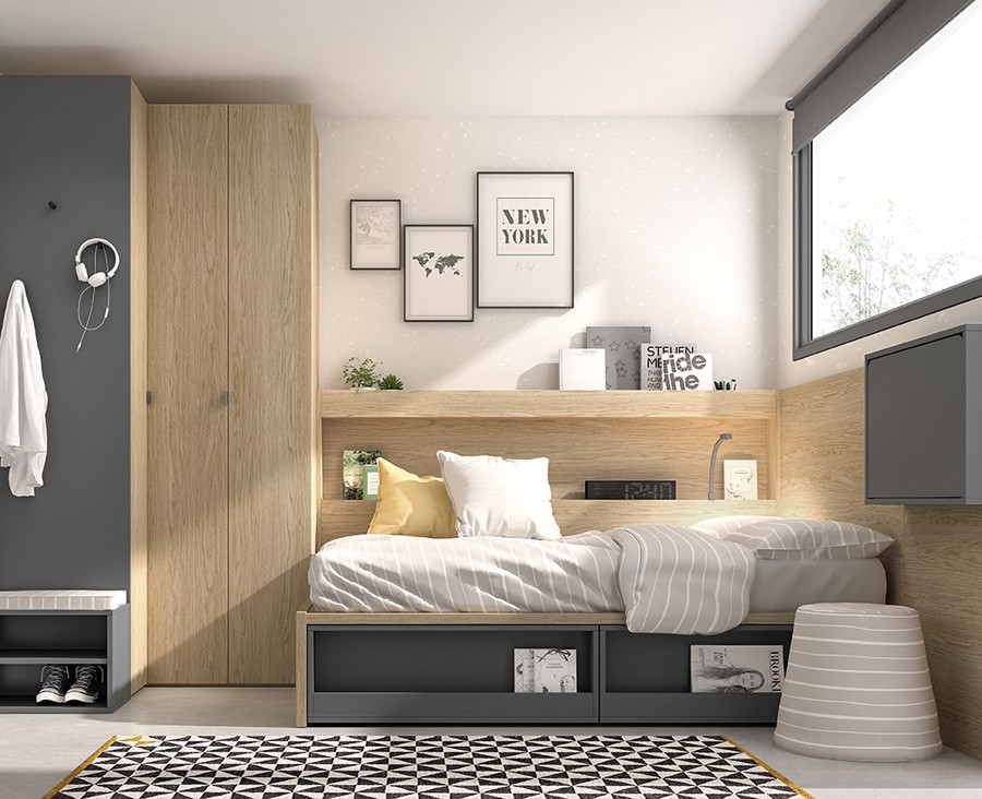 Habitación juvenil con cama alta, escritorio extraíble y armario rincón de  gran capacidad. - Tocamadera