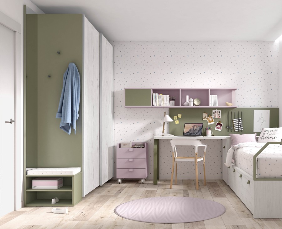 Dormitorio Juvenil con cama compacta, armario puertas correderas y  escritorio Ref EB13