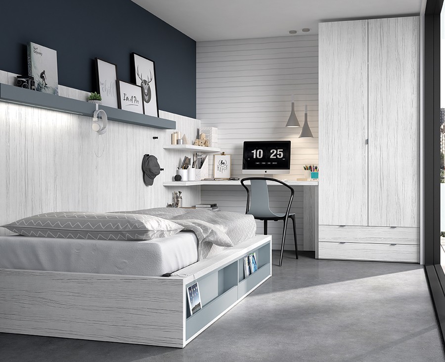 Dormitorio juvenil en L con cama compacta y armarios.