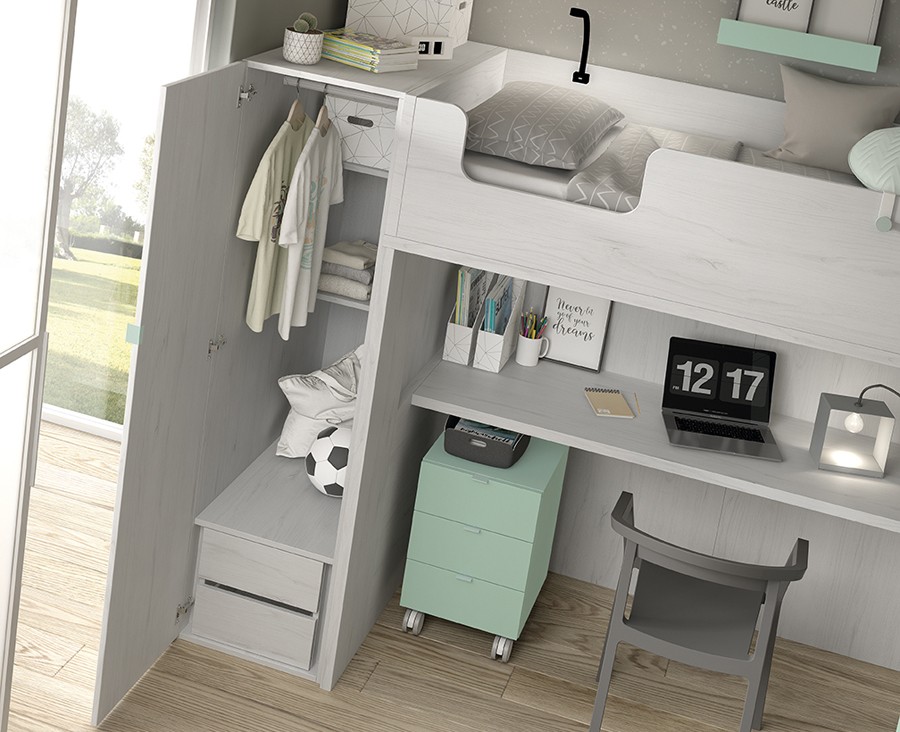 Dormitorio Juvenil litera con cajones contenedores, armario y escritorio  Ref YH302