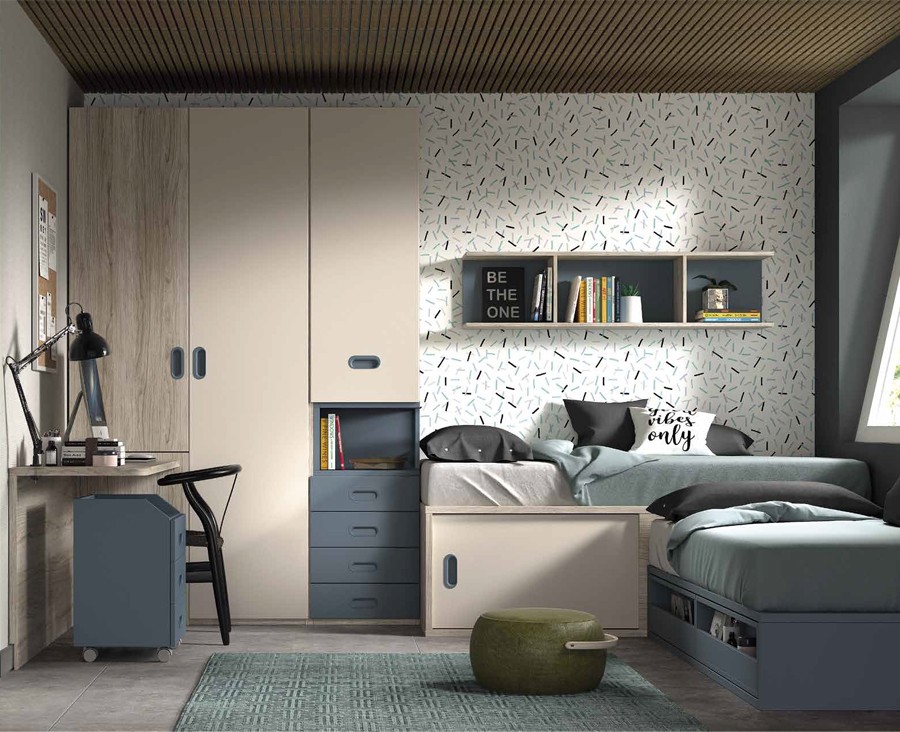 Habitación juvenil con cama nido de 2 cajones, armario y escritorio con  estanterías - UNNIQ Habitat